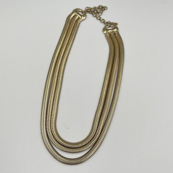 Vintage MONET 3 Strand Snake Herringbone Chunky Gold Tone Chain Necklace Tiered - Picture 6 of 7